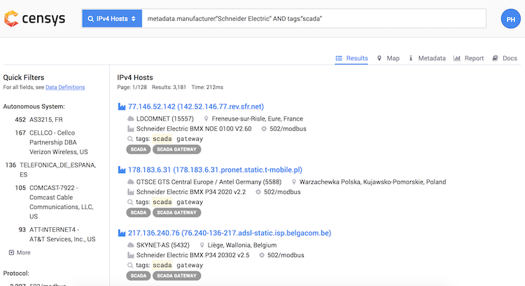 Censys SCADA search
